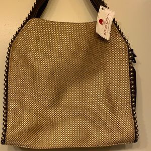 NWT tan and brown Big Buddha JGrayson linen bag